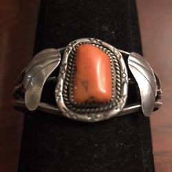 Vintage Navajo Sterling Silver Red Coral Cuff Bracelet 
