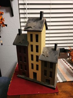 Primitive Folk Art Wooden Village House Set
