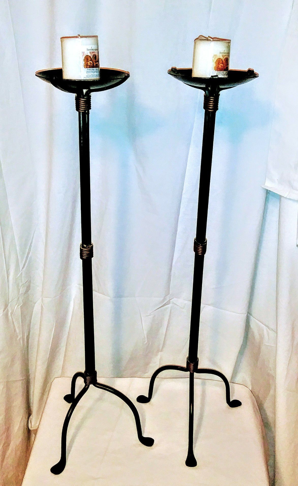 30" Beautiful Vintage Pair of Tall Wrought Iron 3 Footed Pillar Candle Stands