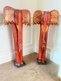 Large Hand-Carved Elephant Sculptures – Indian / Asian Décor – Pair