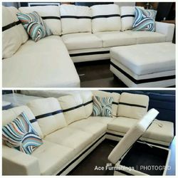 Brand New White Leather Sectional With Storage Ottoman & 2 Decorative Pillows