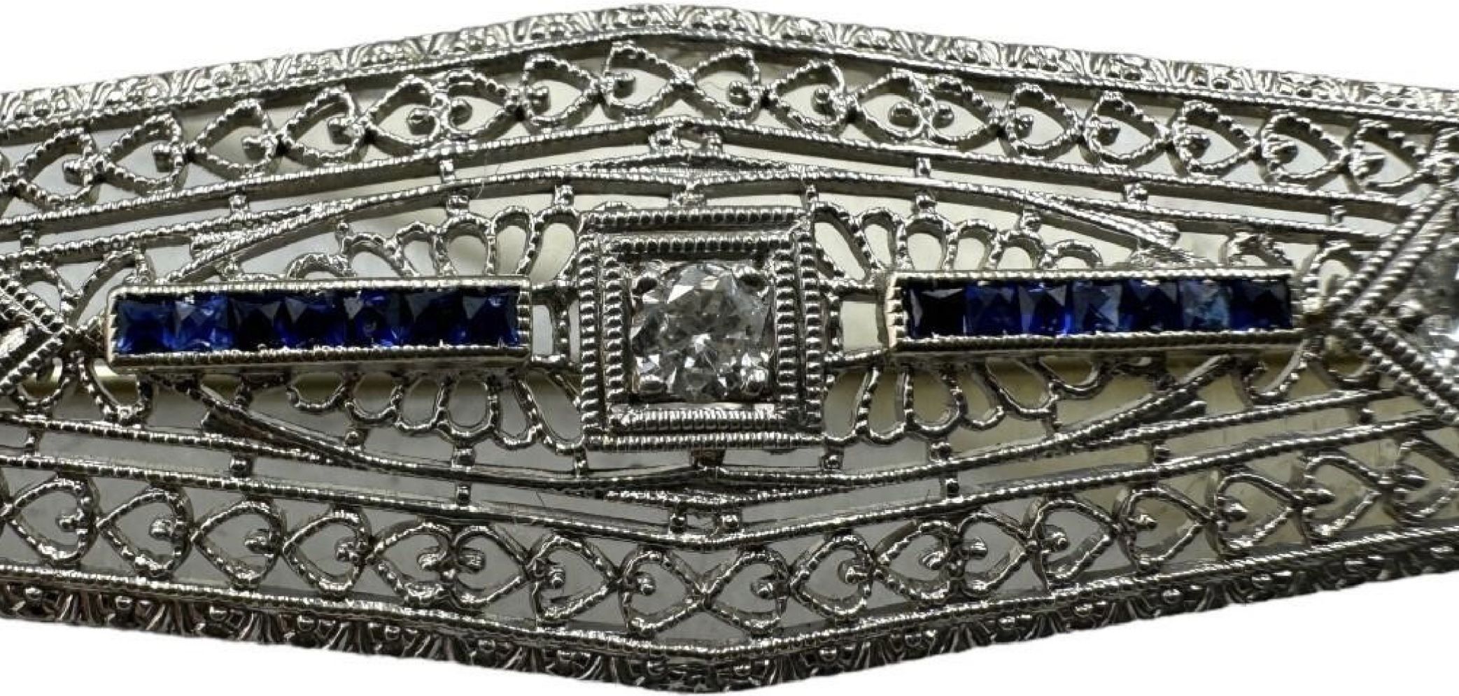 EXQUISITE 14k Platinum Diamond & Sapphire Brooch