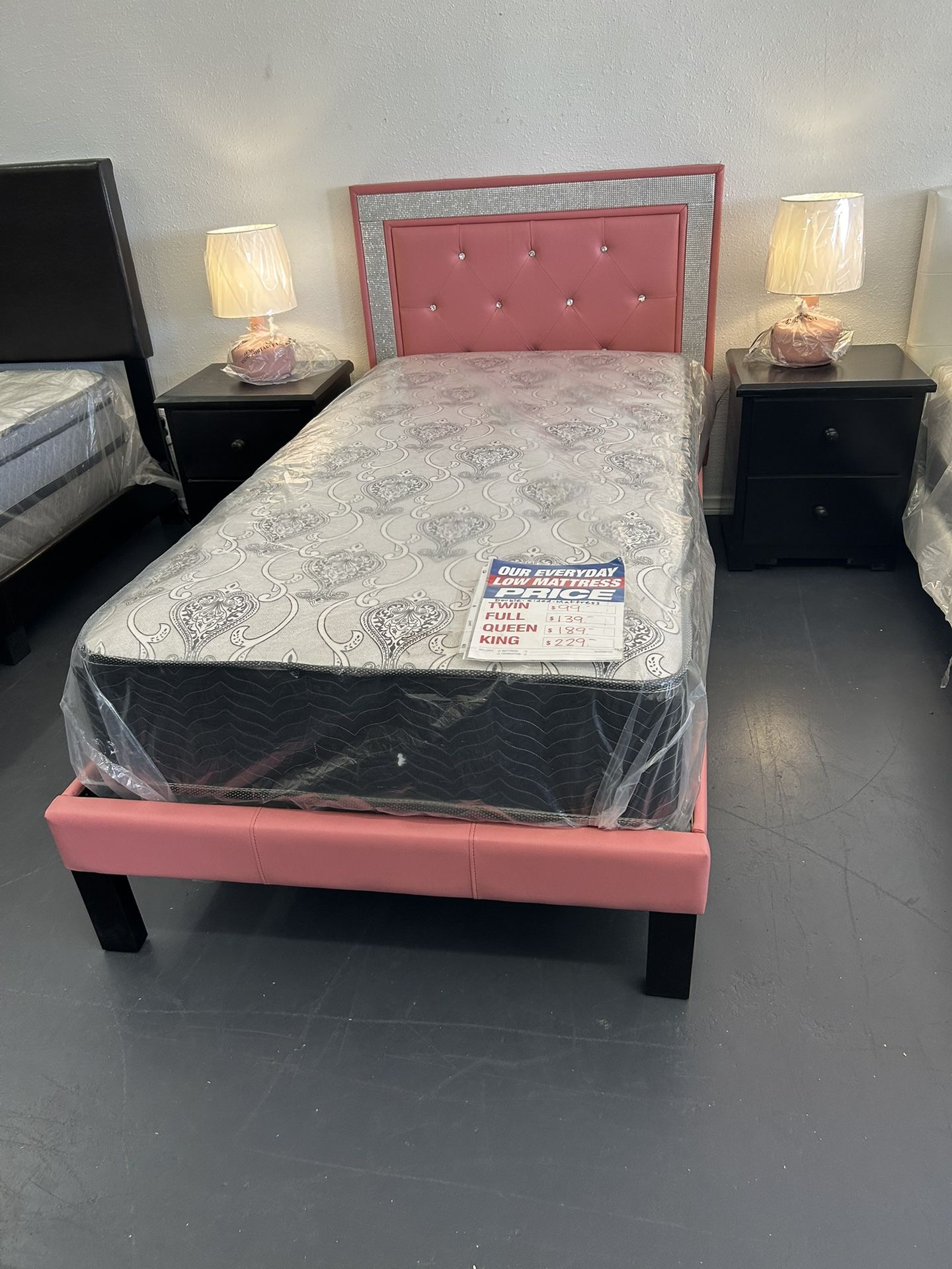 Twin Size ✨ 💎 Sparkling Diamond  Pink Bed Frame And Mattress Set 