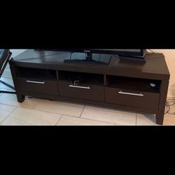 DARK BROWN WOOD MEDIA CONSOLE  WITH 3 DRAWERS AND 3 OPEN CUBBIES