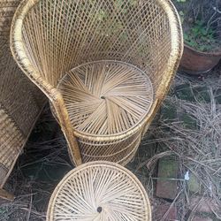 Mid century vintage MCM rattan wicker chair and ottoman