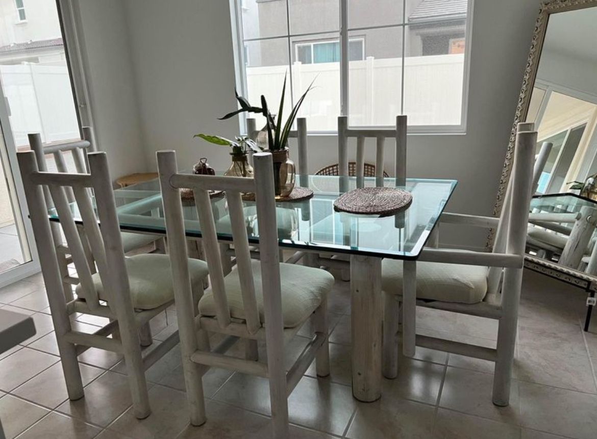 7 Piece Dinner Set - Solid Wood Log Dining Glass Table & 6 Chairs + Covers