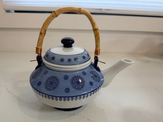 Blue and White Ceramic Teapot with Bamboo Handle