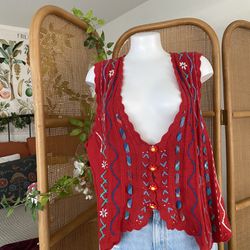 Vtg Sweater Vest Red Floral Koret City Blues cottage-core