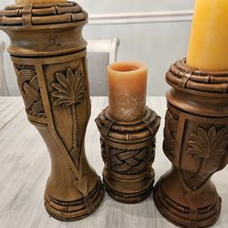 3 Wooden Candle Holders With Candles. 20 For All 3 Firm