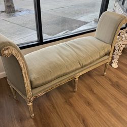 Chaise Lounge with pretty pale green upholstery and great distressed paint finish