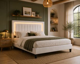 Full bed Velvet Bed Frame with LED Light, Adjustable Vertical Channel Tufted Headboard, Strong Wooden Slats Support, Noise-Free, No Box Spring Needed,