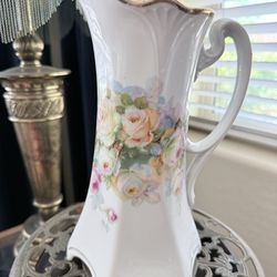 Vintage Floral Porcelain Pitcher Cottage Shabby Chic Roses Gold Trim Vase