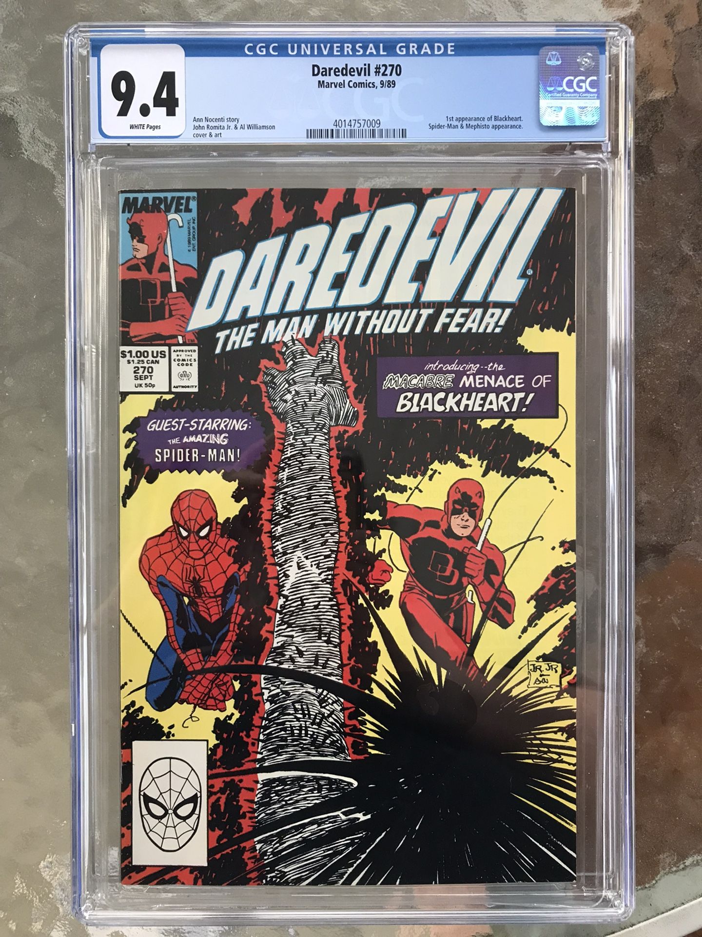 Daredevil #270 (1989) CGC 9.4 — White Pages; 1st app of Blackheart; Spider-Man 