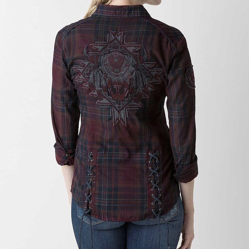 AFFLICTION Womens Red Black Premium Wisdom Embroidered Buffalo Plaid Shirt