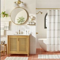 30" Round Bathroom Vanity Pivot Mirror - Brass Finish - Hearth & Hand with Magnolia, Wall Mount, Farmhouse Style