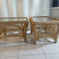 Set Of 2 Rattan Glasstop End Tables