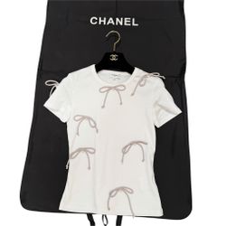 CHANEL T Shirt Embroidered Cotton Jersey White Light Gray