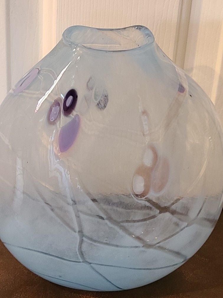 Timothy Hall Signed Art Glass, Flat Vase -  Clear White Speckled 2 Sided Dots Lines