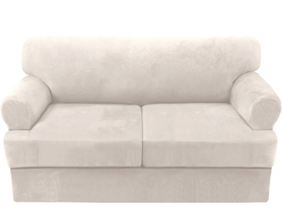 3 Piece T Cushion Loveseat Slipcover Thick Velvet. Creamy white.