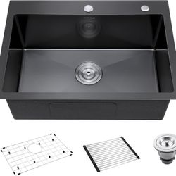 Black Kitchen Sink Drop-In 25 x 18 inch, SINKVINE PVD Nano Stainless Steel Outdoor Sink, Top Mount Large Deep Single Bowl Laundry Sink, w/Drain Strain