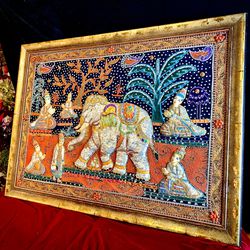 Large Asian Wall Art broidery  Elephants Asian Scenery  H28.5/24xL37.5/33.5 inch Lbs9.5 Hand crafted Asian vintage broidery  Asian scenery with elepha
