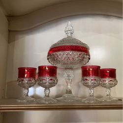 Vintage Indiana King Diamond  dish and  Thumb Print compote cups