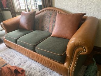 Leather Fabric Nailhead Cognac Leather sofa set