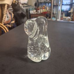 Clear Hand Blown Art Glass Hound Dog Or Basset Hound W/Long Floppy Ears Paperweight Featuring Controlled Bubbles-Bullicante Style 4"H Mint Condition