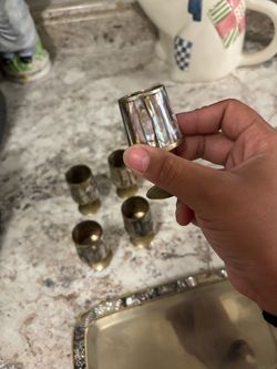 vintage Mexican Mid-Century Modern abalone shell and brass cordial/shot glass set