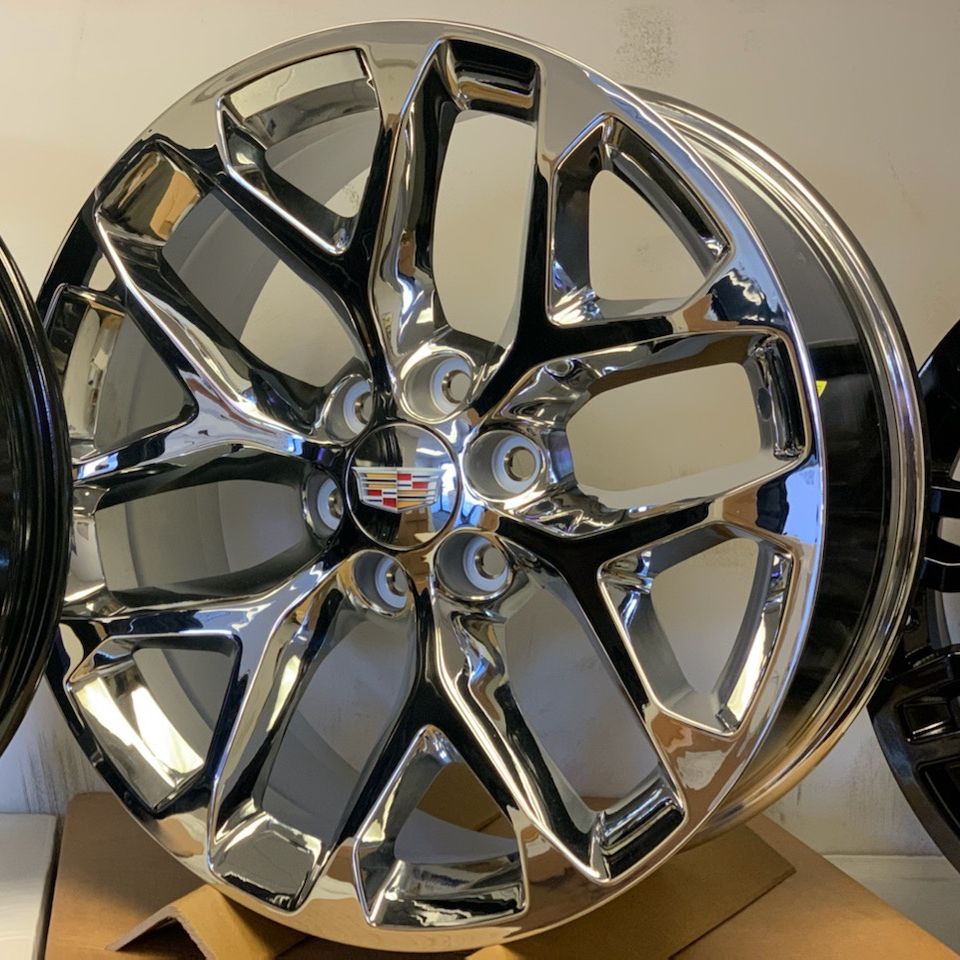 22” CHROME GM SNOWFLAKES WHEELS RIMS NEW SET CHEVY SILVERADO TAHOE SUBURBAN AVALANCHE GMC YUKON DENALI SIERRA CADILLAC ESCALADE WE FINANCE