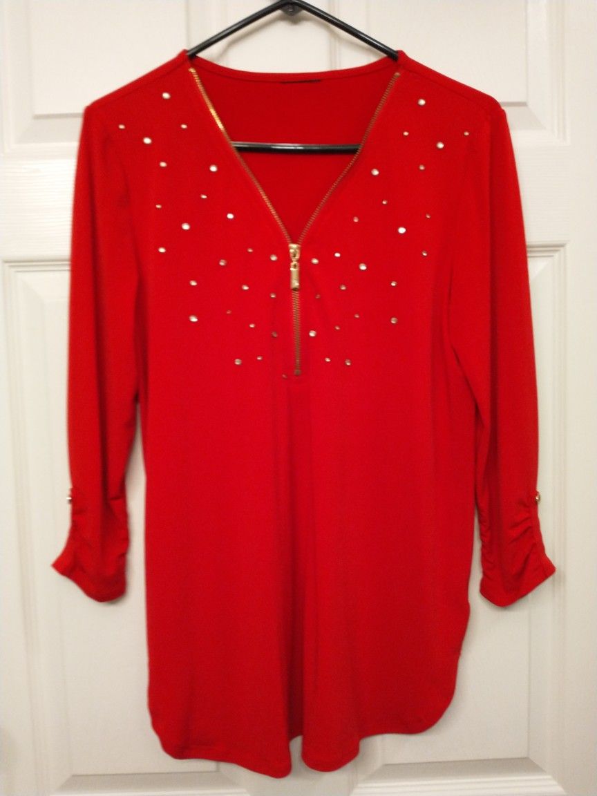 Red Ornate Long Sleeve Tunic Top