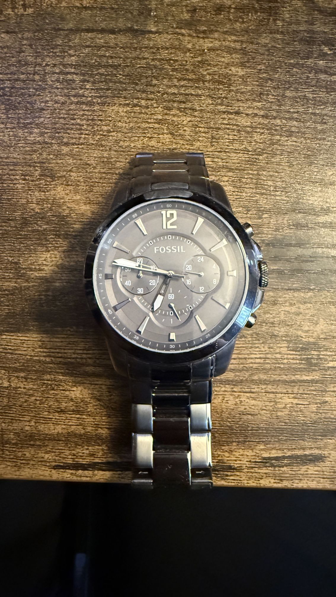 Fossil FS-4584 Mens 50m Silver Steel Analog Quartz Chronograph Watch~New Battery