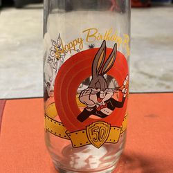VINTAGE HAPPY BIRTHDAY BUGS BUNNY DRINKING GLASS 50 ANNIVERSARY BUGS & FRIENDS