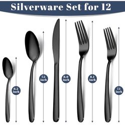 60-Piece Black Silverware Set for 12, Stainless Steel Cutlery Flatware Set, Includes Forks Spoons and Knives,$35