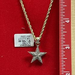 10K Solid Gold And Dimaond 5 Point Star Charm & Chain