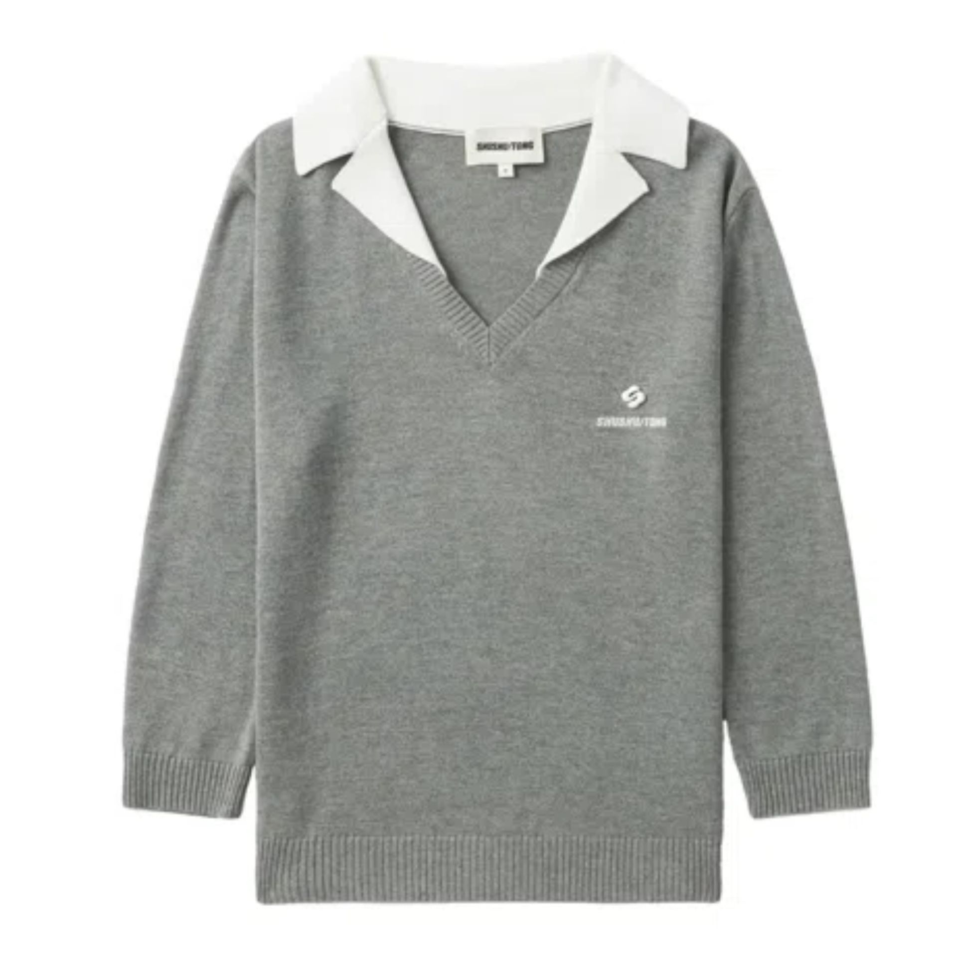 SHUSHU/TONG Gray Contrast Collar Sweater New