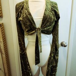Vintage A. Byer Green Crushed Velvet Cropped Cardigan Shrug Tied Front Sz L NWOT