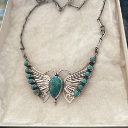 31.5 g Turquoise & Sterling Silver Handmade Butterfly Necklace 
