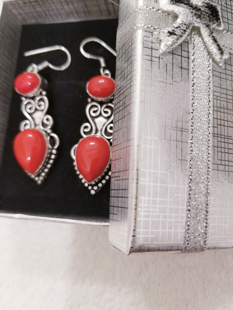 Coral Turquoise Earring 925 Stamped Sterling Silver
