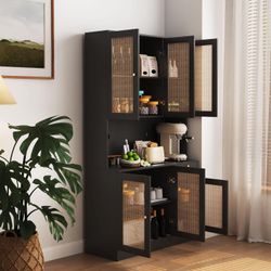 Affeivul Rattan Pantry Cabinet, 71' Hutch with 6 Doors & 1 Drawer