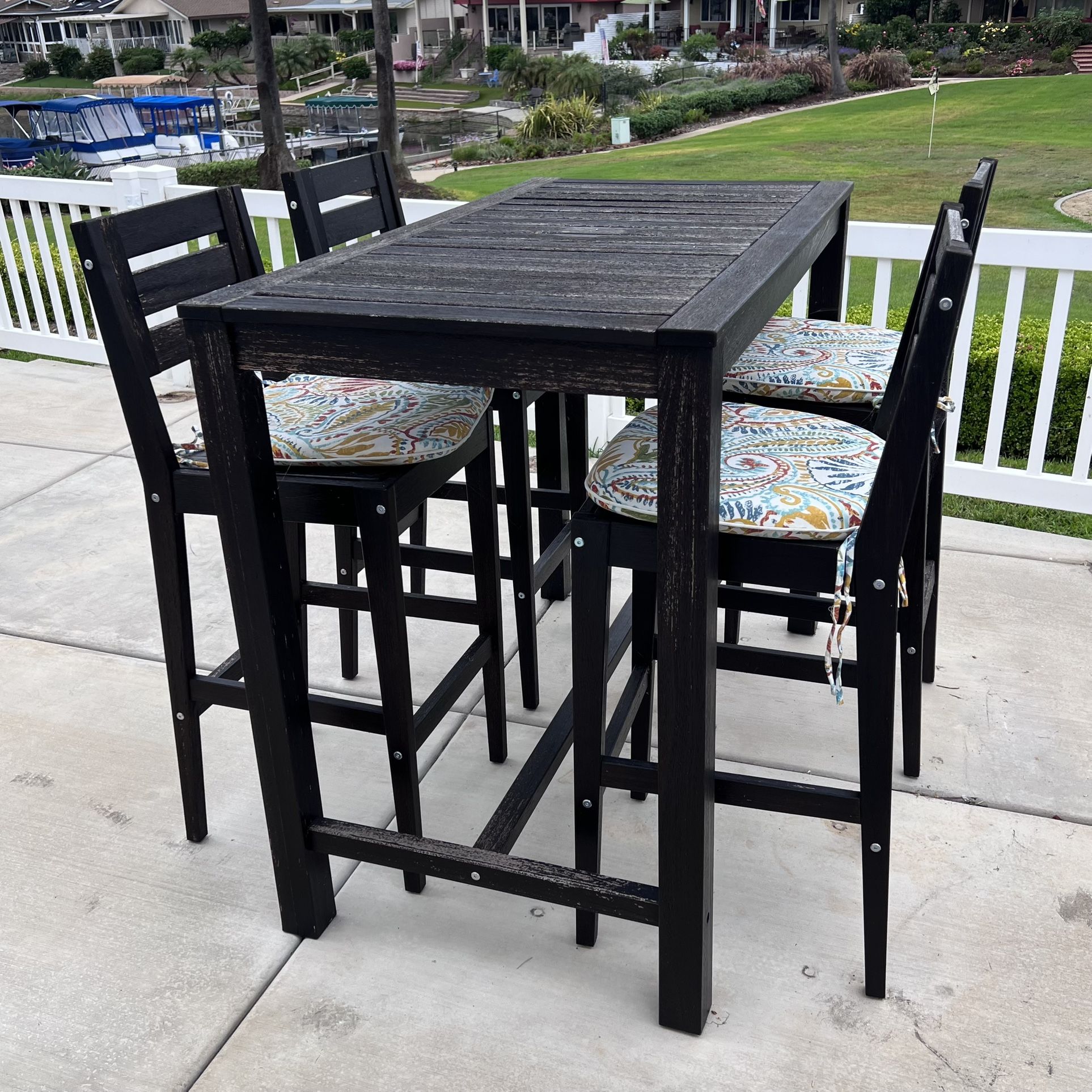 IKEA KLOVEN outdoor bar table bar stools with back rest and all weather seat cushions $590 new.