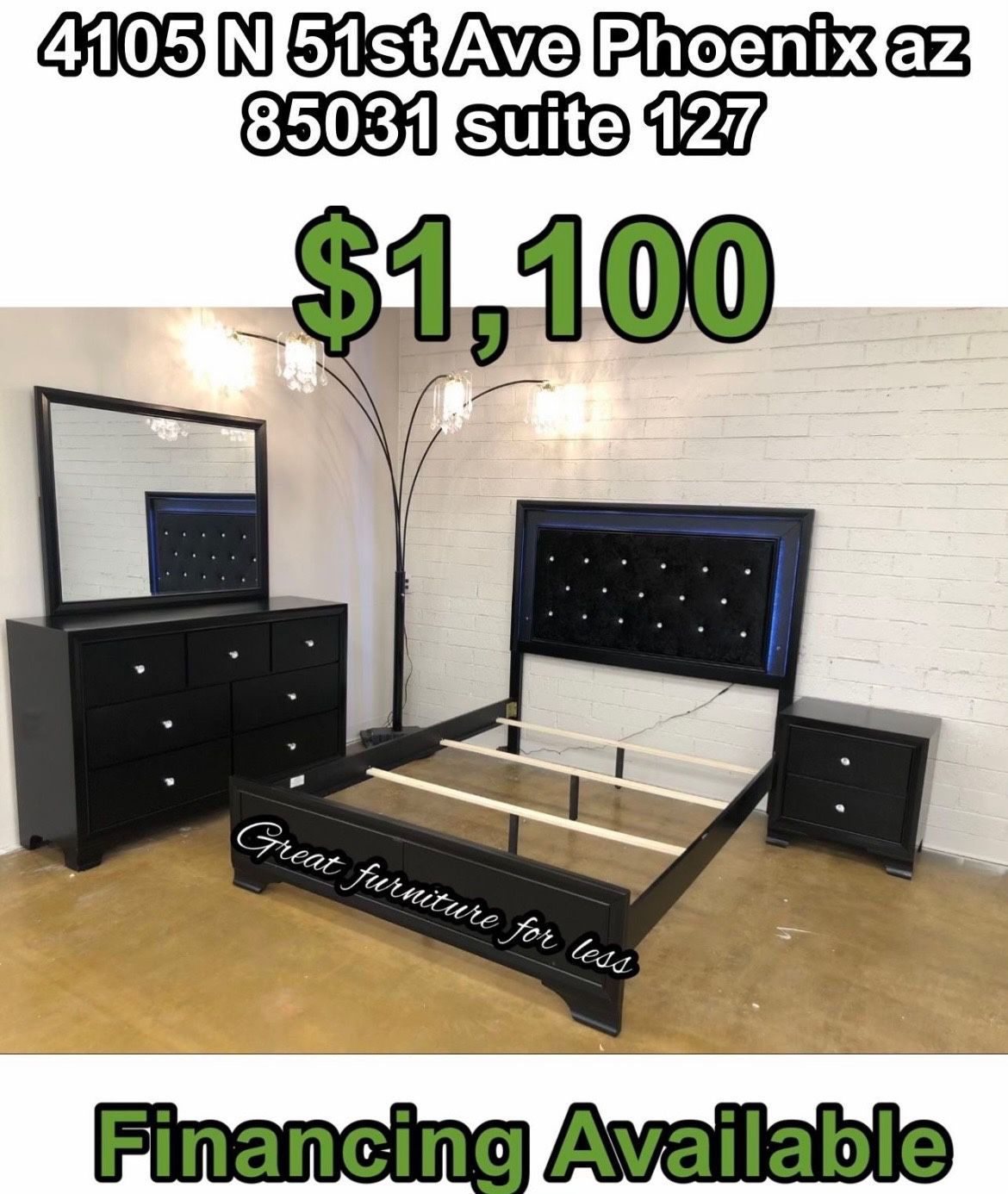Queen Size Led Bedroom Set Black Include Bed Frame Dresser Mirror And Nightstand Brand New