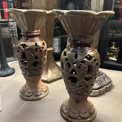 Heavy Bold Pair Of Pillar Candle Holders With Cutouts