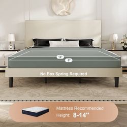 King Size Bed Frame, Platform Bed Frame with Upholstered Adjustable Headboard, Cream White, Velvet