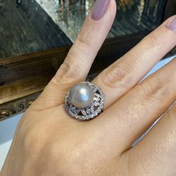 14K White Gold South Sea Pearl And Natural Diamonds Gorgeous Ring 