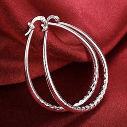 925 Sterling Silver stamped Large Oval Hoop Diamond Cut Earrings 