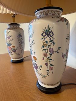 2 Vintage Chinese Ginger Jar Porcelain Lamps Floral Wood Base