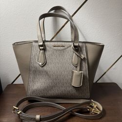 Small Taupe Gray Michael Kors Taryn Signature Logo and Leather Convertible Crossbody Bag - Brand New