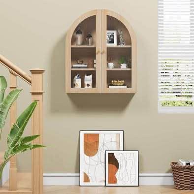 New Wall Bathroom Cabinet with Glass Doors, Wood Arched Hanging Medicine Cabinet, Walnut