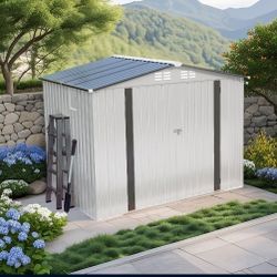 8X6 FT Metal Outdoor Storage Shed, Tool Shed with Pitched Roof Waterproof with Side Window and Lockable Door, Metal Tool Shed for Garden Tool Storage,